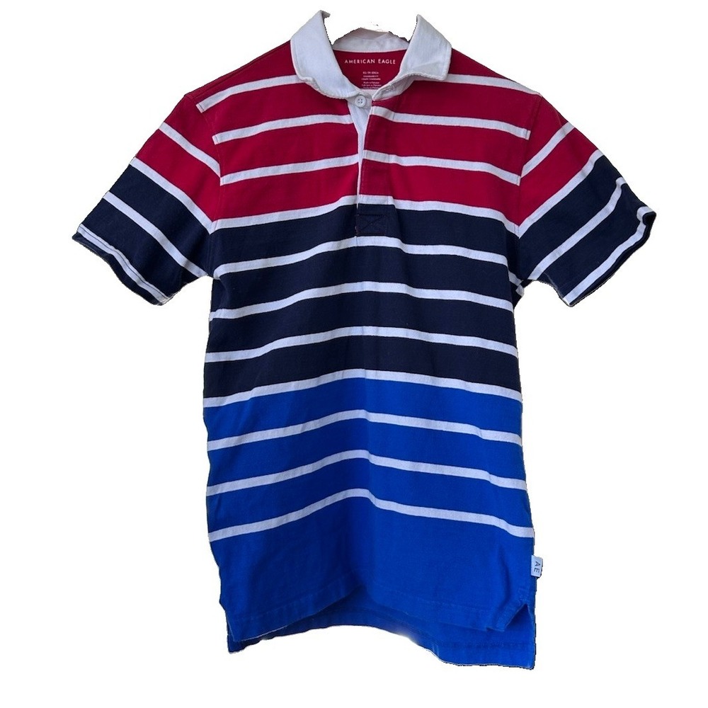 American Eagle Men XS Rugby Polo Shirt Red Navy Blue Striped Preppy Short Sleeve